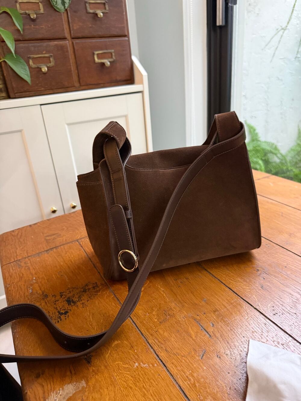 Cuyana Double Loop Bag | Crossbody | Italian Suede | Chocolate Brown | Dust Bag